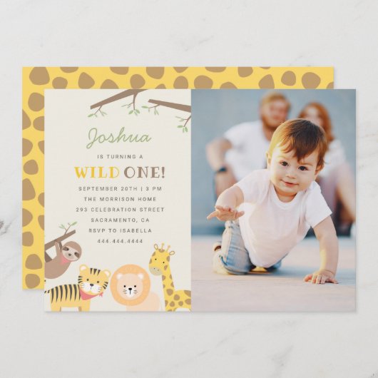 かわいいサファリ動物の野生の1つの写真の誕生日 招待状 (正面/裏面)
