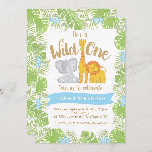 かわいいサファリ動物の野生の1つの第1誕生日 招待状 (正面/裏面)