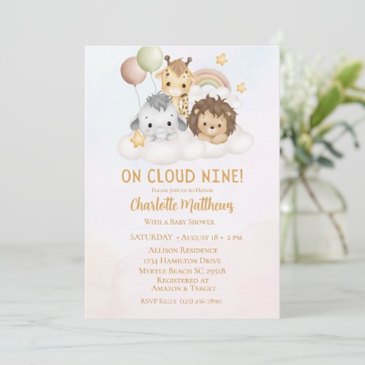 かわいいサファリ動物の雲9 9赤ちゃんシャワー 招待状 (スタンド正面)
