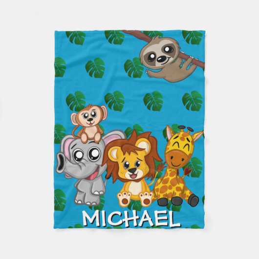 かわいいサファリ動物の青い漫画のジャングルネーム·ボーイ フリースブランケット (正面)