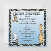 かわいいサファリ動物の青い男の赤ちゃんのシャワー 招待状 (裏面)