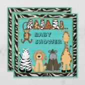 かわいいサファリ動物の青い男の赤ちゃんのシャワー 招待状 (正面/裏面)