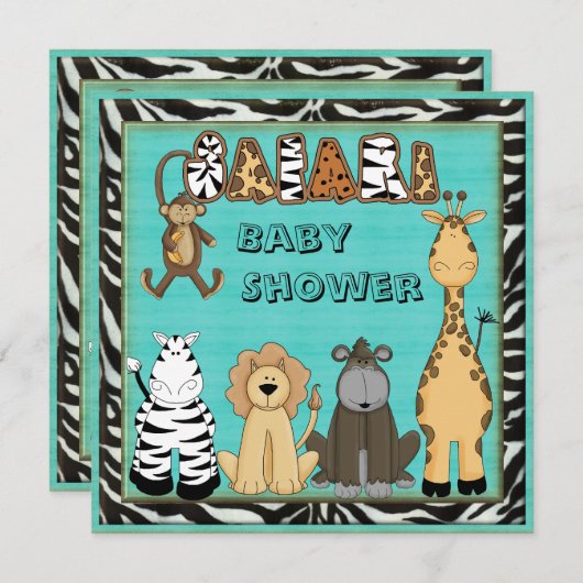 かわいいサファリ動物の青い男の赤ちゃんのシャワー 招待状 (正面/裏面)