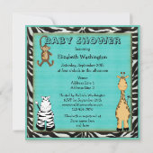 かわいいサファリ動物の青い男の赤ちゃんのシャワー 招待状 (裏面)