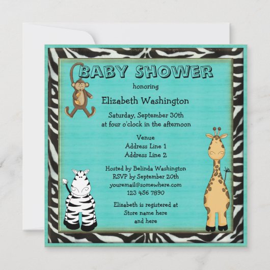 かわいいサファリ動物の青い男の赤ちゃんのシャワー 招待状 (裏面)