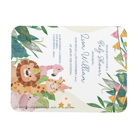かわいいサファリ動物グリーンリーフィングテーマベビーシャワー マグネット (横)