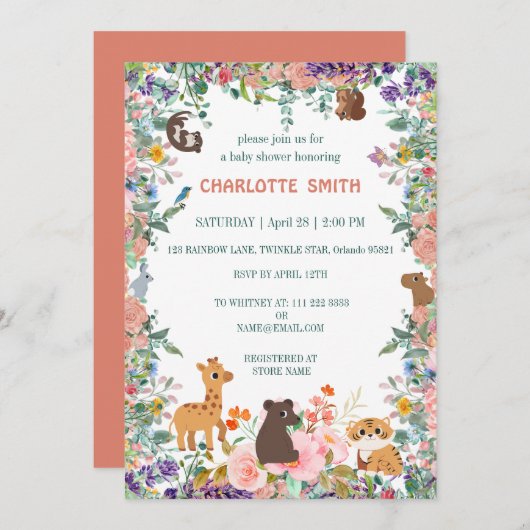 かわいいサファリ動物ジャングルの花の赤ちゃん 招待状 (正面/裏面)