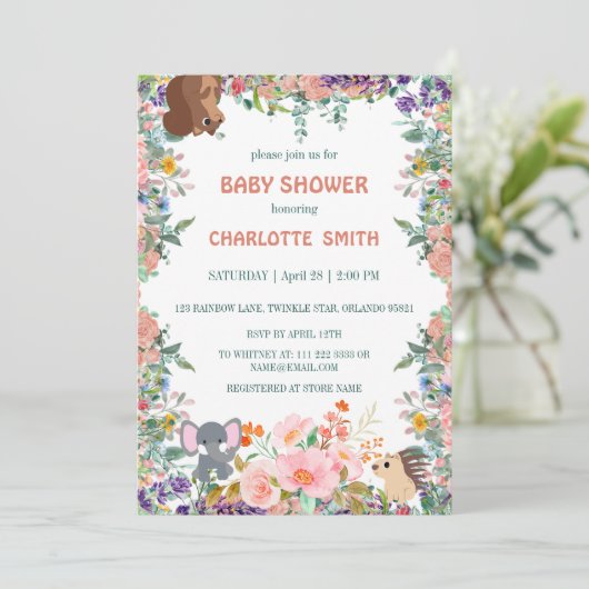 かわいいサファリ動物ジャングルの赤ちゃんシャワー 招待状 (スタンド正面)