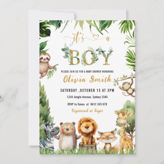 かわいいサファリ動物ジャングルボーイ赤ちゃんシャワー 招待状 (正面)