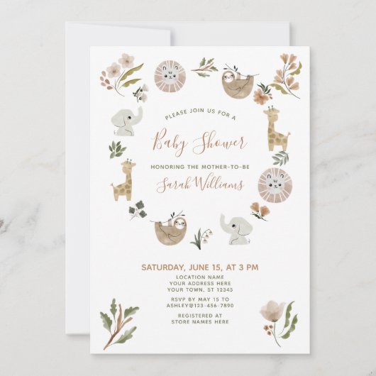 かわいいサファリ動物スクリプトぼほ赤ちゃんシャワー 招待状 (正面)