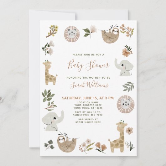 かわいいサファリ動物スクリプトブラウンボホベイビーシャワー 招待状 (正面)
