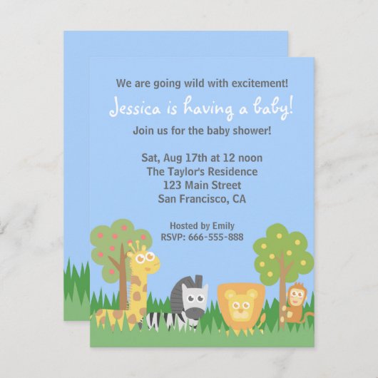 かわいいサファリ動物テーマベビーシャワーパーティー 招待状 (正面/裏面)