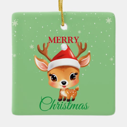 かわいいサファリ動物トナカイのサンタのクリスマスコスタム セラミックオーナメント (正面)