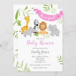 かわいいサファリ動物ベビーシャワーガール招待状 招待状