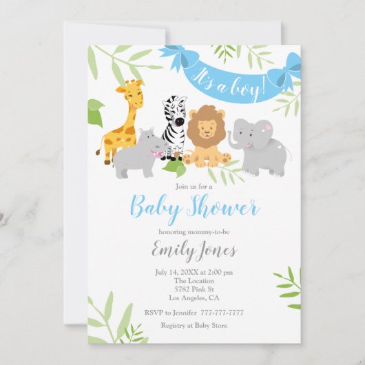 かわいいサファリ動物ベビーシャワーボーイ招待状 招待状 (正面)