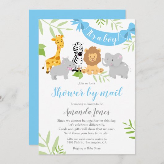 かわいいサファリ動物ベビーシャワーボーイ招待状 招待状 (正面/裏面)
