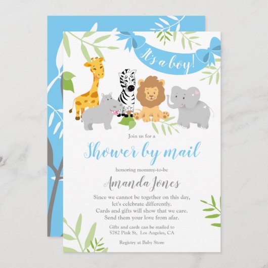 かわいいサファリ動物ベビーシャワーボーイ招待状 招待状 (正面/裏面)