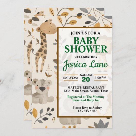 かわいいサファリ動物ベビーシャワー招待状 招待状 (正面/裏面)