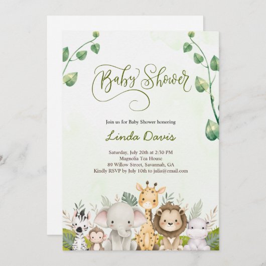 かわいいサファリ動物ベビーシャワー招待状 招待状 (正面/裏面)