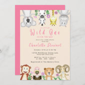 かわいいサファリ動物ワイルドワンガール赤ちゃんシャワー 招待状 (正面/裏面)