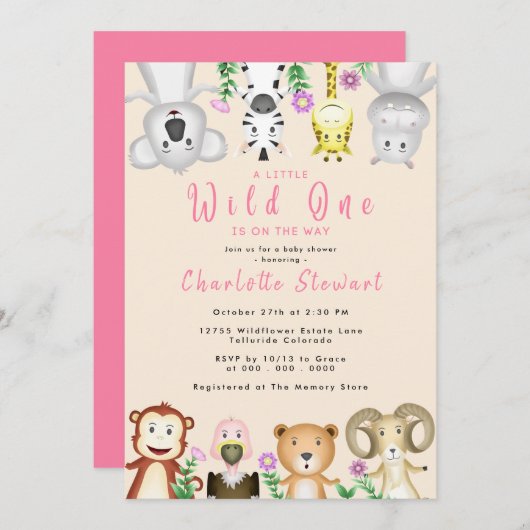 かわいいサファリ動物ワイルドワンガール赤ちゃんシャワー 招待状 (正面/裏面)