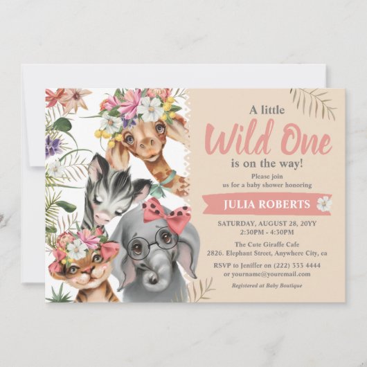 かわいいサファリ動物ワイルドワンガール赤ちゃんシャワー 招待状 (正面)