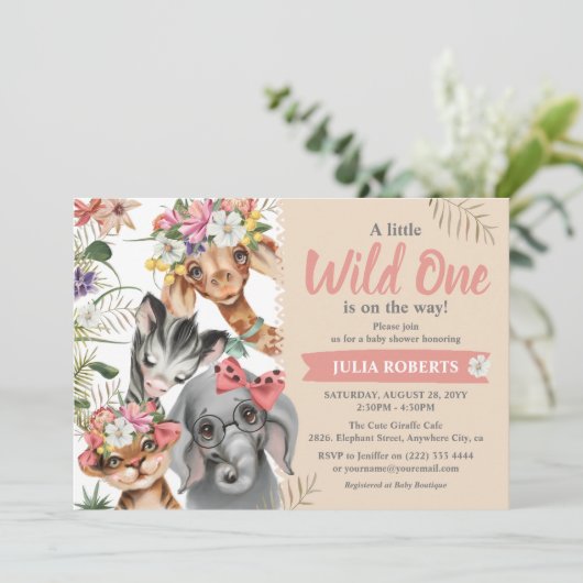 かわいいサファリ動物ワイルドワンガール赤ちゃんシャワー 招待状 (スタンド正面)