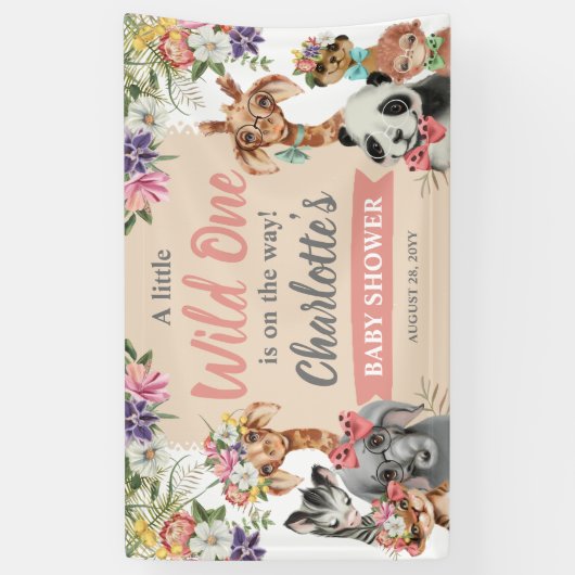 かわいいサファリ動物ワイルドワンガール赤ちゃんシャワー 横断幕 (縦)