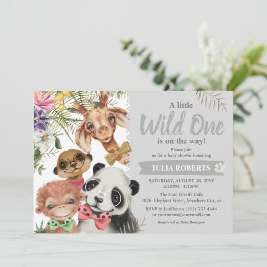かわいいサファリ動物ワイルドワンボーイベビーシャワー 招待状 (スタンド正面)