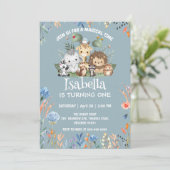 かわいいサファリ動物園の動物のジャングルフローラ誕生日名 招待状 (スタンド正面)