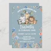 かわいいサファリ動物園の動物のジャングルフローラ誕生日名 招待状 (正面/裏面)