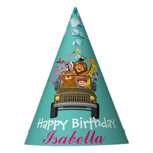かわいいサファリ動物園の動物のジャングルフローラ誕生日 パーティーハット (正面)