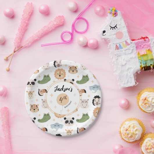 かわいいサファリ動物園の動物の誕生日ボーイ紙プレート ペーパープレート (パーティー)