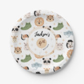 かわいいサファリ動物園の動物の誕生日ボーイ紙プレート ペーパープレート (正面)