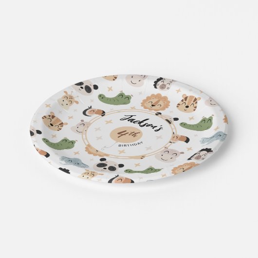 かわいいサファリ動物園の動物の誕生日ボーイ紙プレート ペーパープレート (アングル)