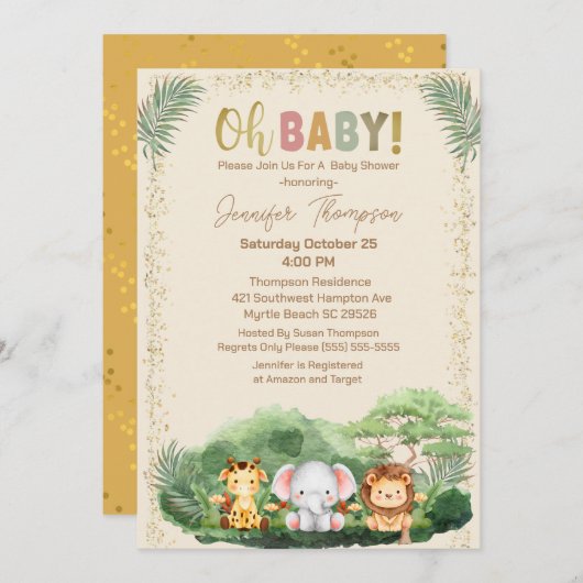 かわいいサファリ動物自然ベージュベビーシャワー 招待状 (正面/裏面)
