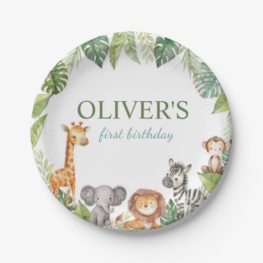 かわいいサファリ動物1歳の誕生日紙プレート ペーパープレート (正面)