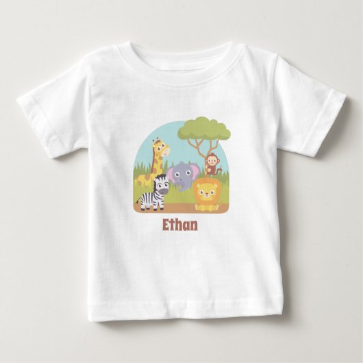 かわいいサファリ動物、キリン、ライオン、シマウマの名前 ベビーTシャツ (正面)