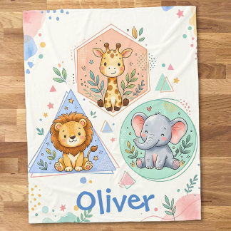 かわいいサファリ動物 ライオン キリン ゾウ フリースブランケット
