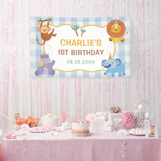 かわいいサファリ動物 男の子1歳の誕生日バナー 横断幕 (パーティー)