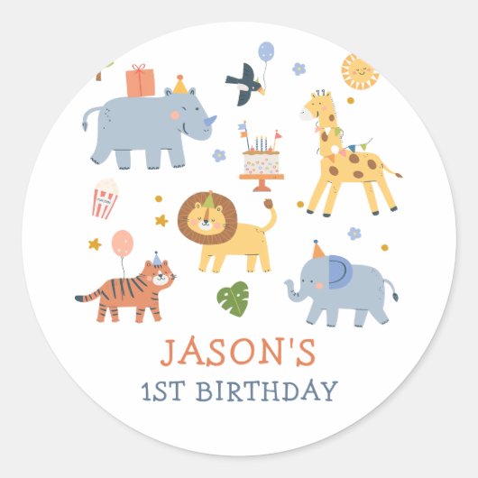  かわいいサファリ動物 男の子 1歳 誕生日 ラウンドシール (正面)