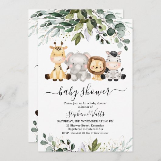 かわいいサファリ緑の金ゴールドの葉ベビーシャワー 招待状 (正面/裏面)