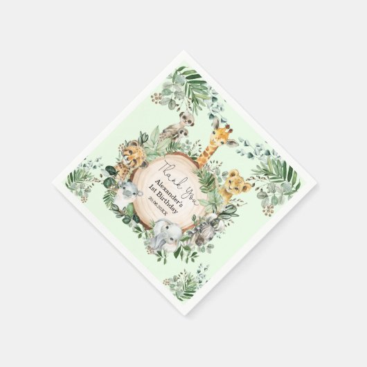 かわいいサファリ野生動物の緑の誕生日の好意 スタンダードカクテルナプキン (角)