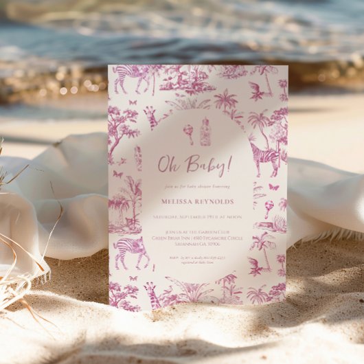 かわいいサファリ トワル・ド・ジュイ | ピンクのベビーシャワー 招待状