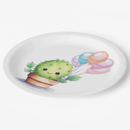 かわいいサボテンと誕生日風船 ペーパープレート (アングル)