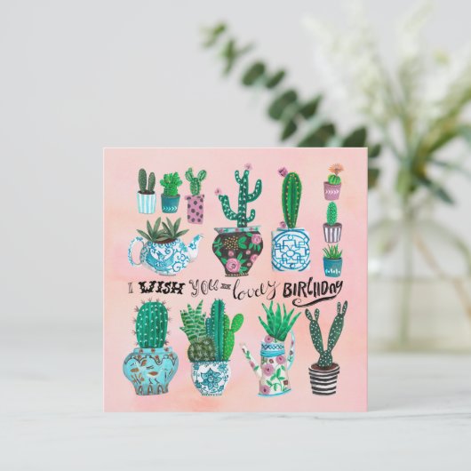 かわいいサボテンのピンクと緑の植物の恋人の誕生日 カード (スタンド正面)