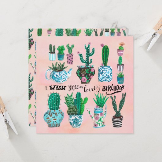 かわいいサボテンのピンクと緑の植物の恋人の誕生日 カード (正面/裏面インサイチュ)