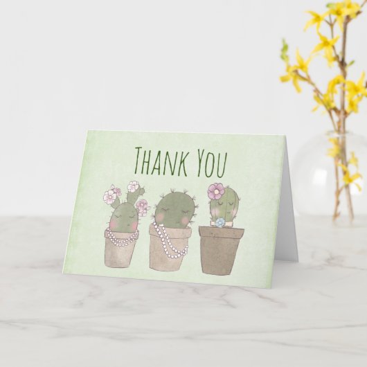 かわいいサボテンの女の子を着てジュエリーありがとう カード (黄色い花)