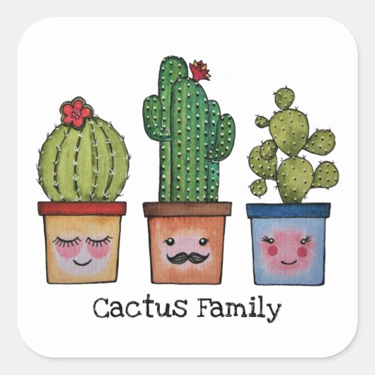 かわいいサボテンの家族 – 水彩画 スクエアシール (正面)