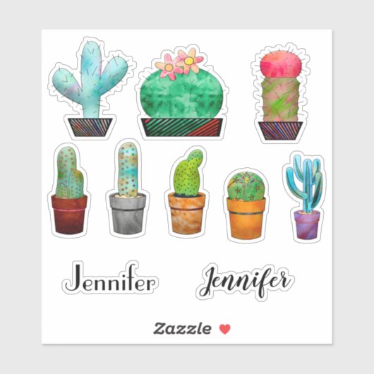 かわいいサボテンの植物と名パーソナライズされた前ステッカー シール (シート)